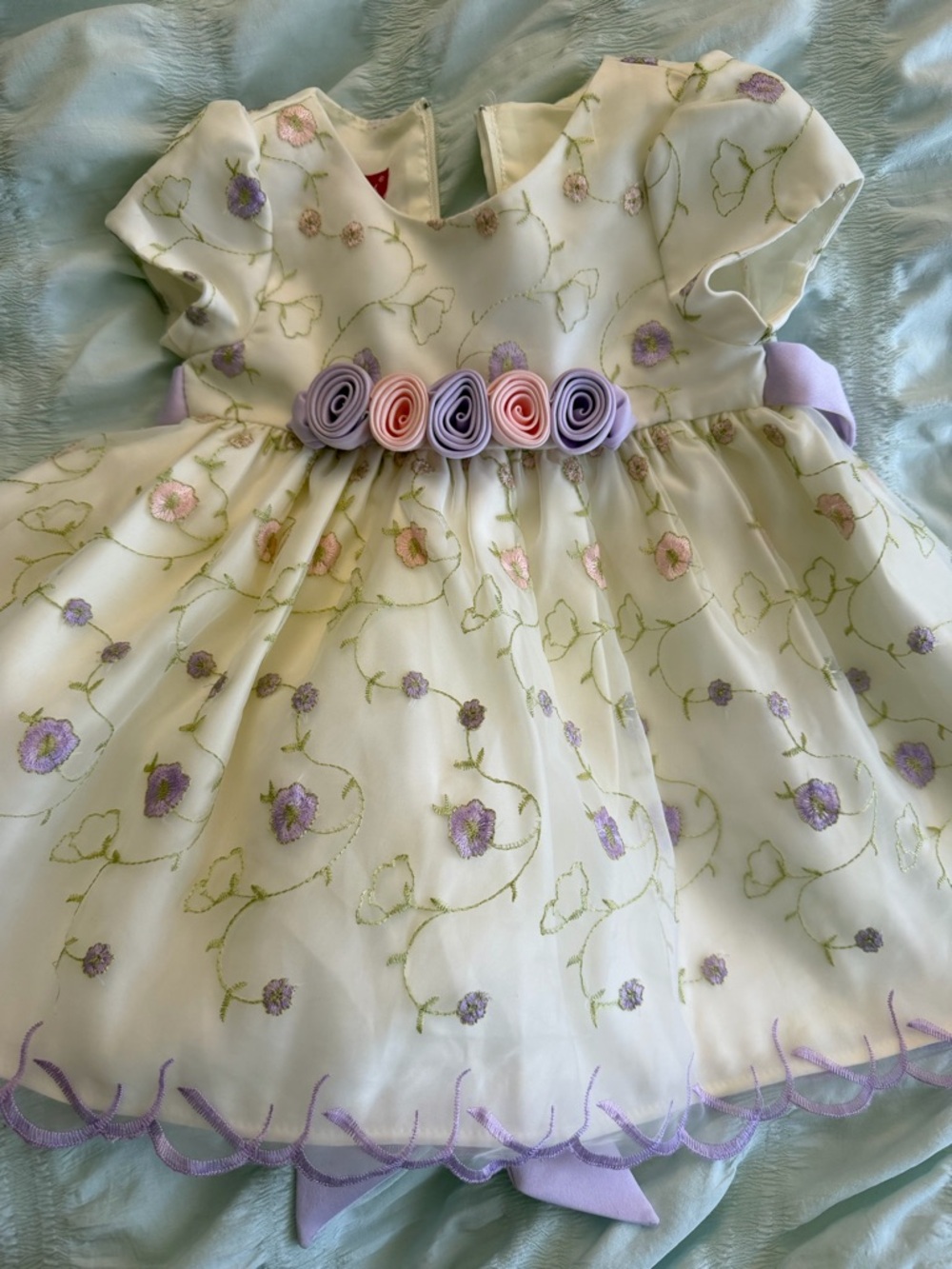 Ivory Floral Embroidered Baby Dress with Lavender Rose Belt
